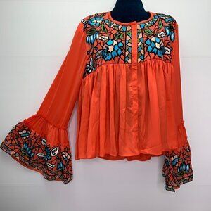 KAS New York Malo Blouse Large Embroidered Ruffle Boho Stained Glass Top